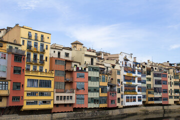 View of the houses in the old town on a day. Close-up. Gerona. Spain.