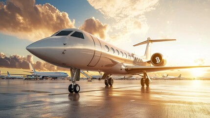 Obraz premium Luxurious private jet parked at an airport runway under a stunning sunset glow