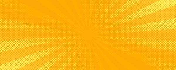 Retro orange sun rays on yellow halftone dot pattern background. Dotted or noise texture. Bright pixel art comic and pop-up design. Vector wall for poster, banner, advertising. © 100yDesign