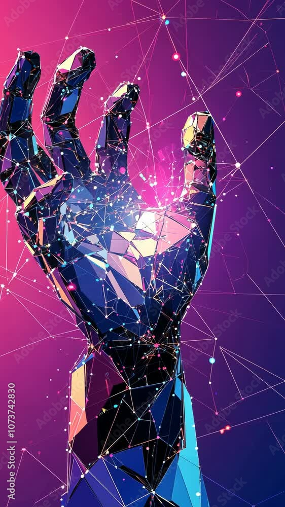 Poster a digital hand reaches up towards a bright light in a network of glowing lines, creating a futuristi