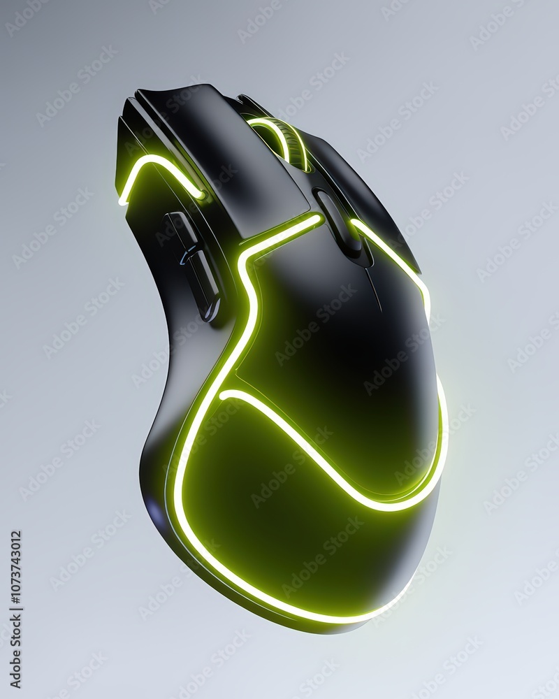Poster close-up 3d render of a black computer mouse highlighted with neon green accents on a soft gray back