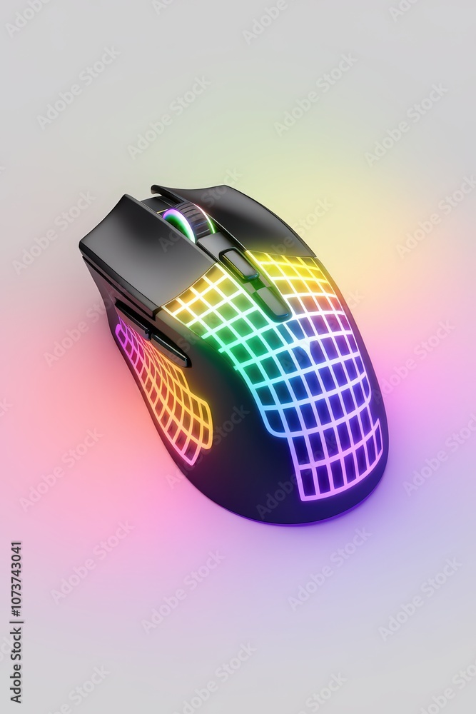 Fototapete high-quality 3d render of a computer mouse featuring vibrant neon colors and a rainbow grid pattern 