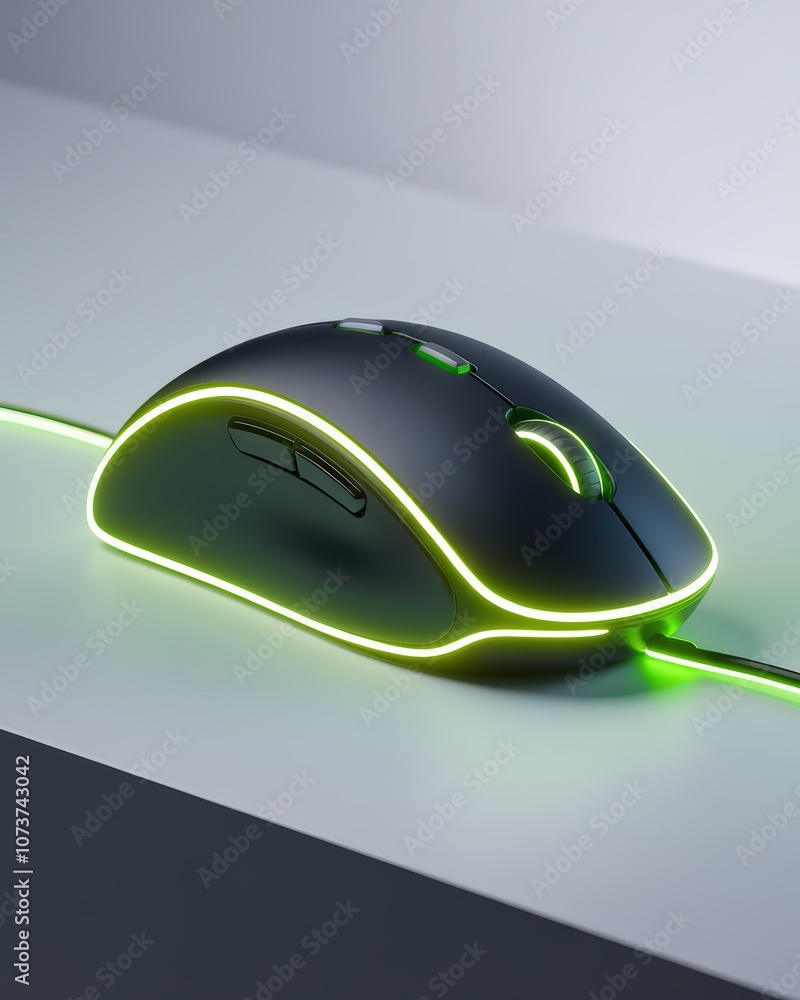 Poster high-quality 3d render of a stylish black computer mouse with luminous green accents on a minimalist