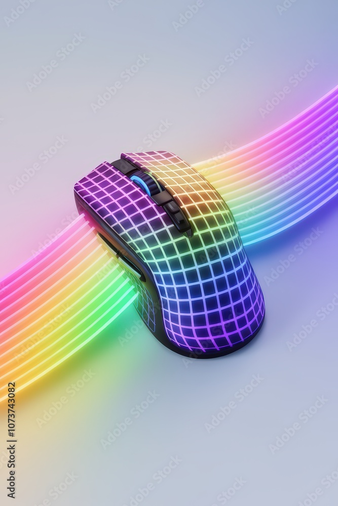 Fototapete colorful 3d render of a computer mouse with neon rainbow design and glowing light trails on a soft b