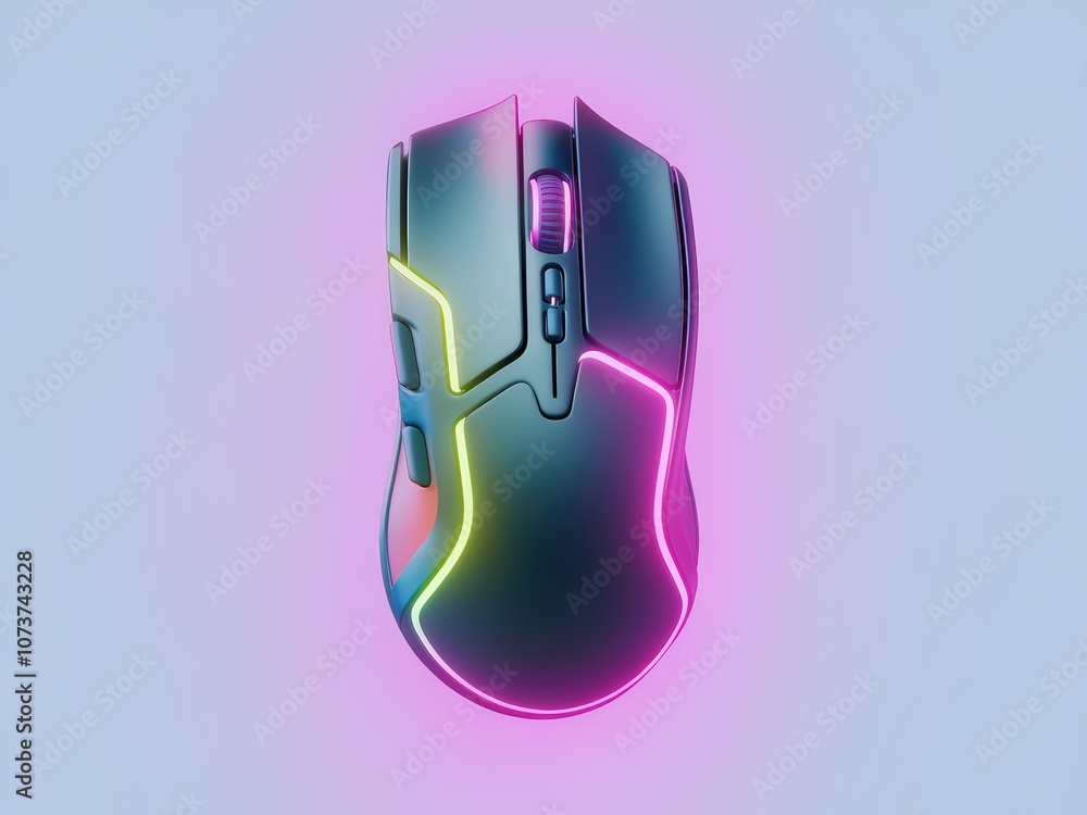 Aufkleber futuristic 3d render of a computer mouse with neon lighting effects and smooth curves on a light blu