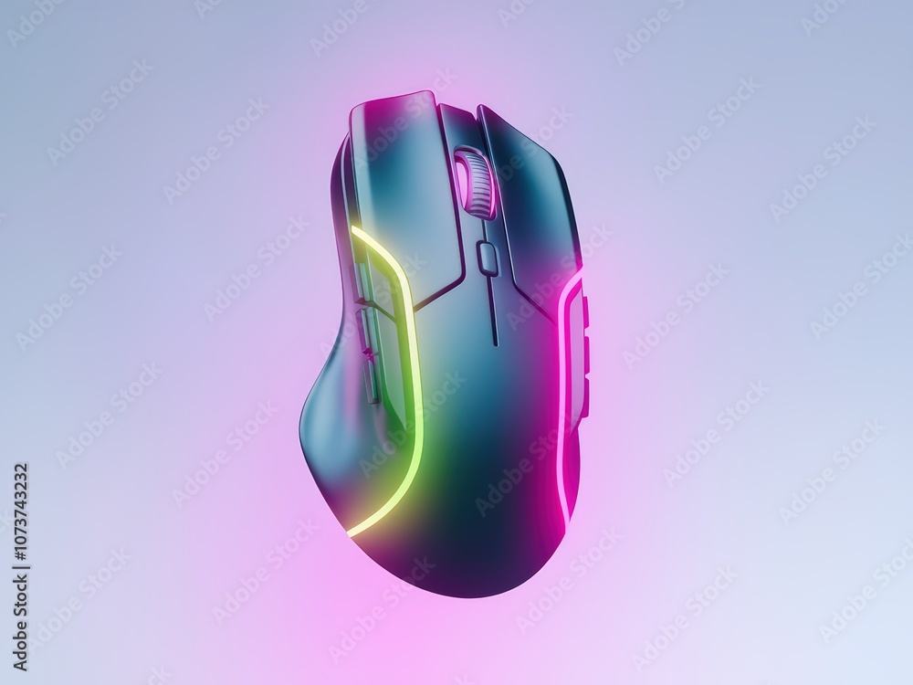 Poster futuristic 3d render of a sleek computer mouse with vibrant neon lighting against a light background
