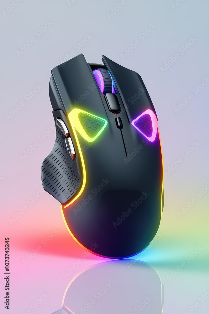 Poster high-quality 3d render of a sleek gaming computer mouse in a dynamic style with vibrant lighting eff