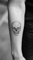 simple skull tattoo on arm, minimalist style, fine line style on the forearm, human skull tattoo