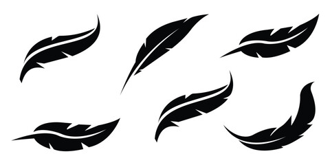 Feather icon set. Collection of black silhouettes of a bird feather isolated on a white background. Minimalist feather quill pen logo flying - Elegant. Vector art illustration.