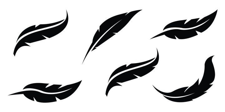 Feather icon set. Collection of black silhouettes of a bird feather isolated on a white background. Minimalist feather quill pen logo flying - Elegant. Vector art illustration.