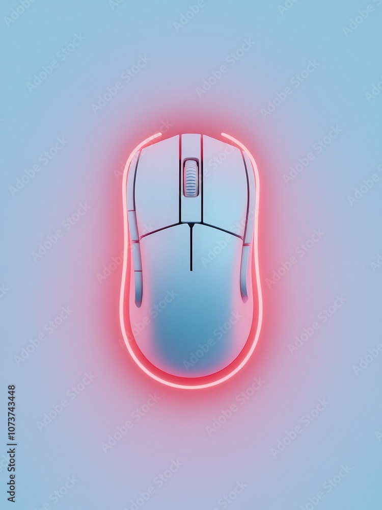 Poster minimalistic 3d render of a sleek computer mouse with neon glow on a soft blue background, ideal for