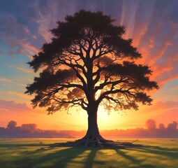 Fototapeta premium Illustration of lonely tree with sunrise behind and fogy landscape.