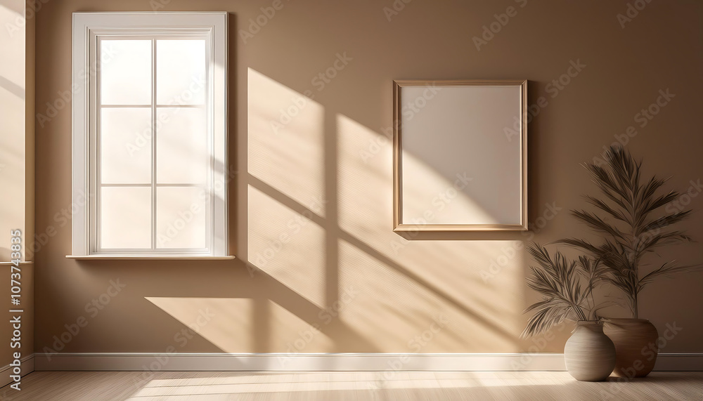 Poster a subtle window frame casts a soft shadow on a textured taupe wall in a calm and neutral mi_1(245)