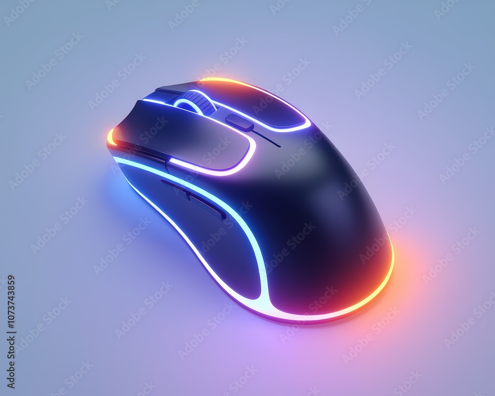 Poster futuristic 3d render of a wireless computer mouse with neon accents on a smooth surface, perfect for