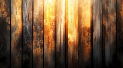 Obraz premium Warm sunlight streams through wooden slats, casting soft shadows and creating a natural, cozy atmosphere perfect for rustic home decor or backgrounds