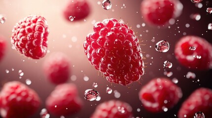 Ripe red raspberries suspended in mid-air with droplets of water creating a refreshing visual...