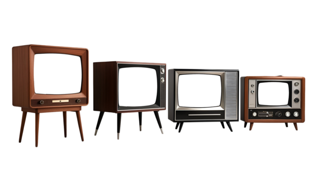 Vintage television sets collection with mid-century and retro styles isolated on transparent background full hd 4k stock photo image png download