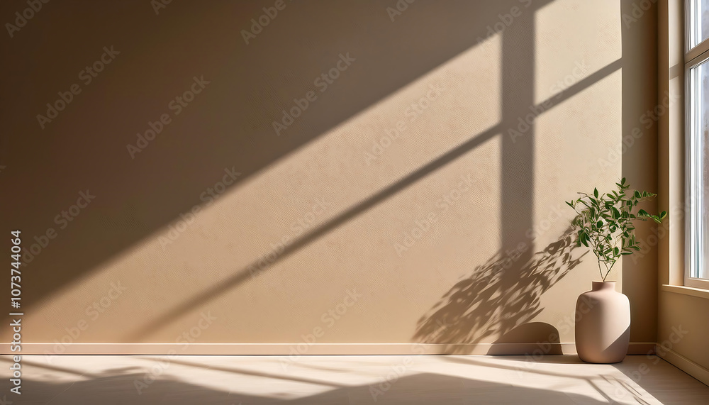 Poster a subtle window frame casts a soft shadow on a textured taupe wall in a calm and neutral mi_1(243)