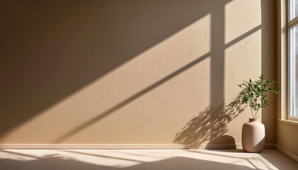  A subtle window frame casts a soft shadow on a textured taupe wall in a calm and neutral mi_1(243)
