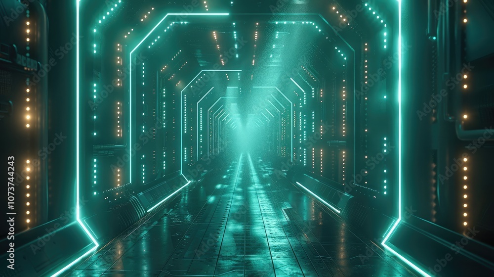 Aufkleber frontal view of vertical glowing blue-green circuit lines.