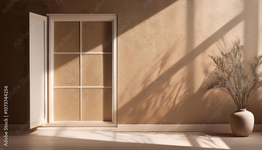 Poster a subtle window frame casts a soft shadow on a textured taupe wall in a calm and neutra_1(246)
