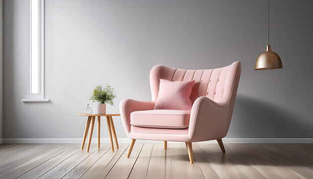  A soft pink chair sits against a light gray wall in a minimalist space with wooden floors a_1(241)