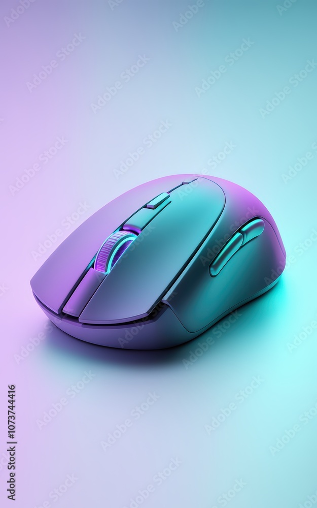 Aufkleber close-up shot of a modern computer mouse in neon colors with soft gradient background, showcasing th