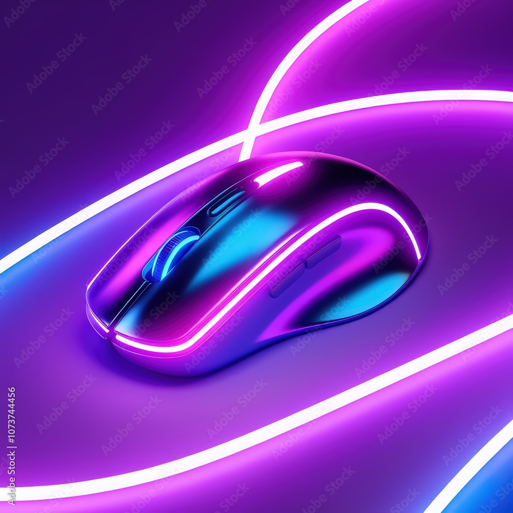 Fototapete sleek modern high-tech 3d render of a computer mouse with neon lights and vibrant colors in a futuri