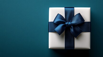 White gift box with a navy blue ribbon and bow on a teal background.