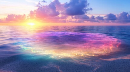 Obraz premium Sunset over the ocean with vibrant colors reflecting on tranquil water and clouds glowing in hues of pink and purple