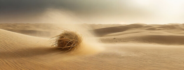 A tumbleweed rolling across a desert landscape under a hazy sky with soft winds blowing sand.
