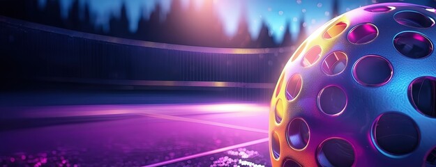 A futuristic glowing sports ball placed on a court under neon lights at night, creating a surreal environment.