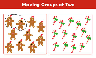 Christmas activity sheet. Making Groups of Two Worksheet. Grouping Picture Math Activity for Kids. Fun Math Activity for Children. 
