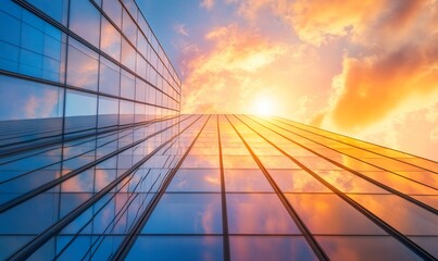 A low angle view of a modern glass building with a stunning sunset sky reflected in the windows.