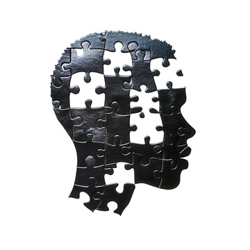 recommend clip art: A human head silhouette made from puzzle pieces, isolated on a pure white background. PNG transparent.