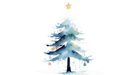 Watercolor Christmas Tree with Golden Star Top, Isolated on transparent background.