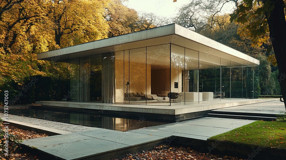 Poster a modern glass and concrete house with a reflecting pool in the front yard, surrounded by autumn tre