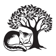 Sleeping Cat by the Tree Silhouette  vector art black color and solid white background