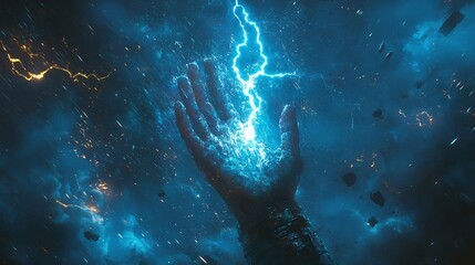 Fototapeta premium A glowing hand reaching out into a turbulent blue storm, capturing lightning and cosmic energy in a surreal and mystical atmosphere.