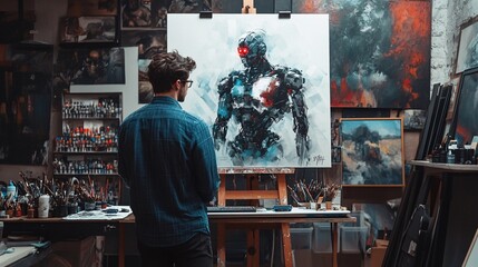 Obraz premium An artist stands in front of an abstract painting of a robotic figure in a vibrant studio filled with art supplies and paintings.