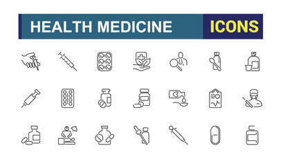 Health and Medicine line icons set. Related to aid, cardiogram, graphic, pharmacy, medical and more. Collection for mobile and web apps. Editable vector stroke.