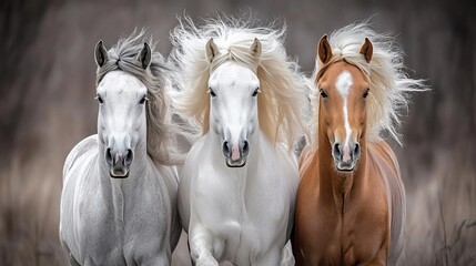 Obraz premium Three horses with flowing manes run towards the camera.