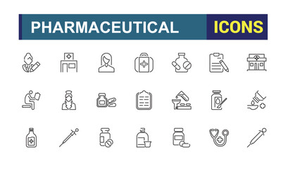 Medical and Pharmaceutical vector line icon set. Containing chemistry, care, pain, dose, vitamin, aid and more. Outline icon collections. Editable vector stroke.