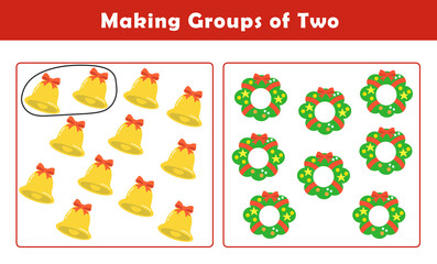 Christmas activity sheet. Making Groups of Two Worksheet. Grouping Picture Math Activity for Kids. Fun Math Activity for Children. 