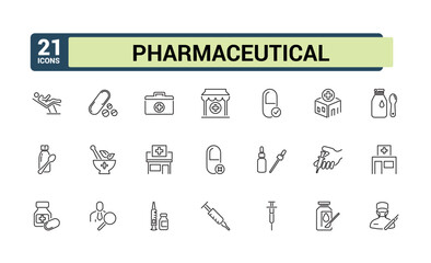 Medical and Pharmaceutical vector line icon set. Containing chemistry, care, pain, dose, vitamin, aid and more. Outline icon collections. Editable vector stroke.