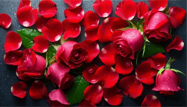 red botons of roses and petals, and green leaves scattered on a black dark background