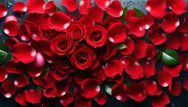 red botons of roses and petals, and green leaves scattered on a black dark background