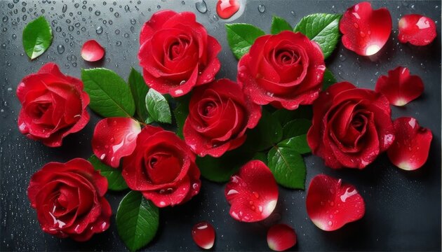 red botons of roses and petals, and green leaves scattered on a black dark background