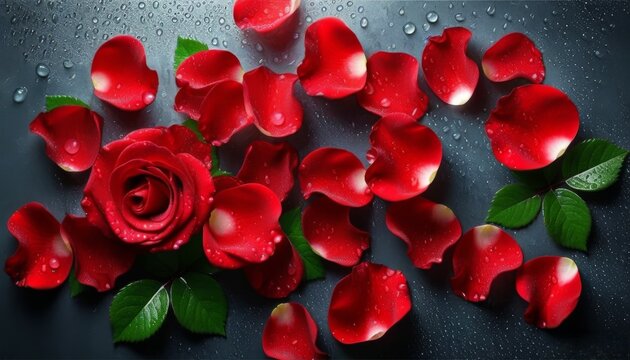 red botons of roses and petals, and green leaves scattered on a black dark background