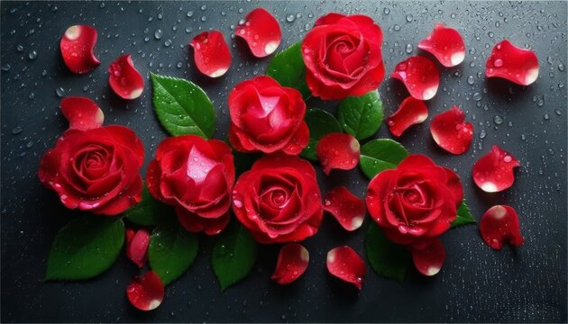 red botons of roses and petals, and green leaves scattered on a black dark background